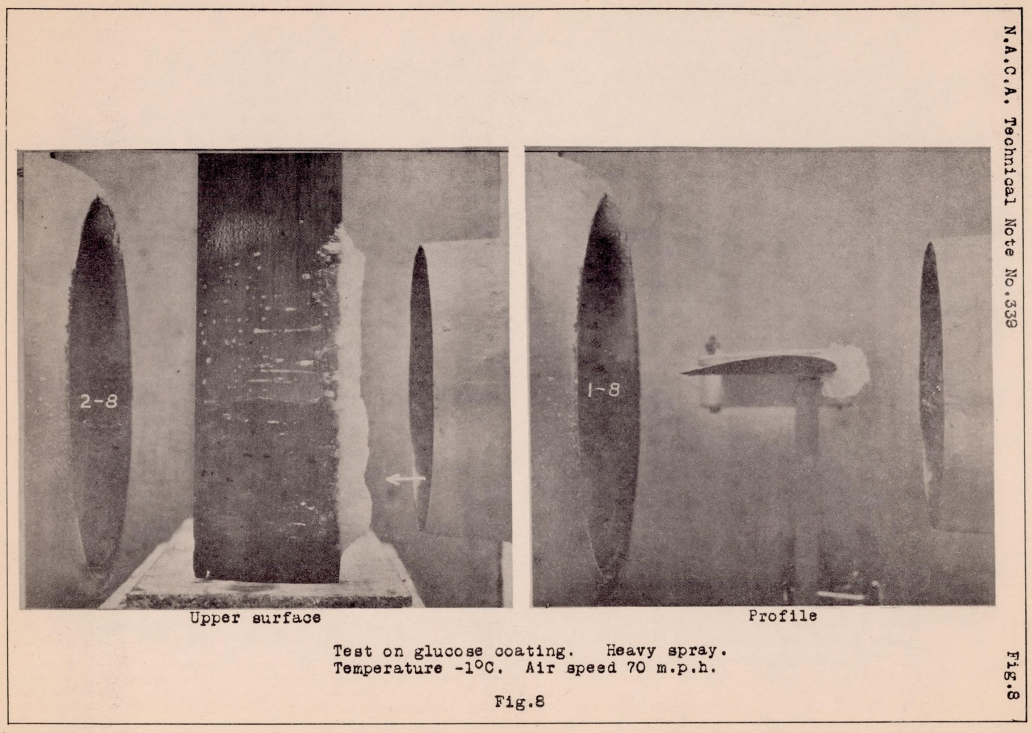 Figure 8 of NACA-TN-339. Test on glucose coating. Heavy spray. Temperature -1 degree C.
Air speed 70 mph.
